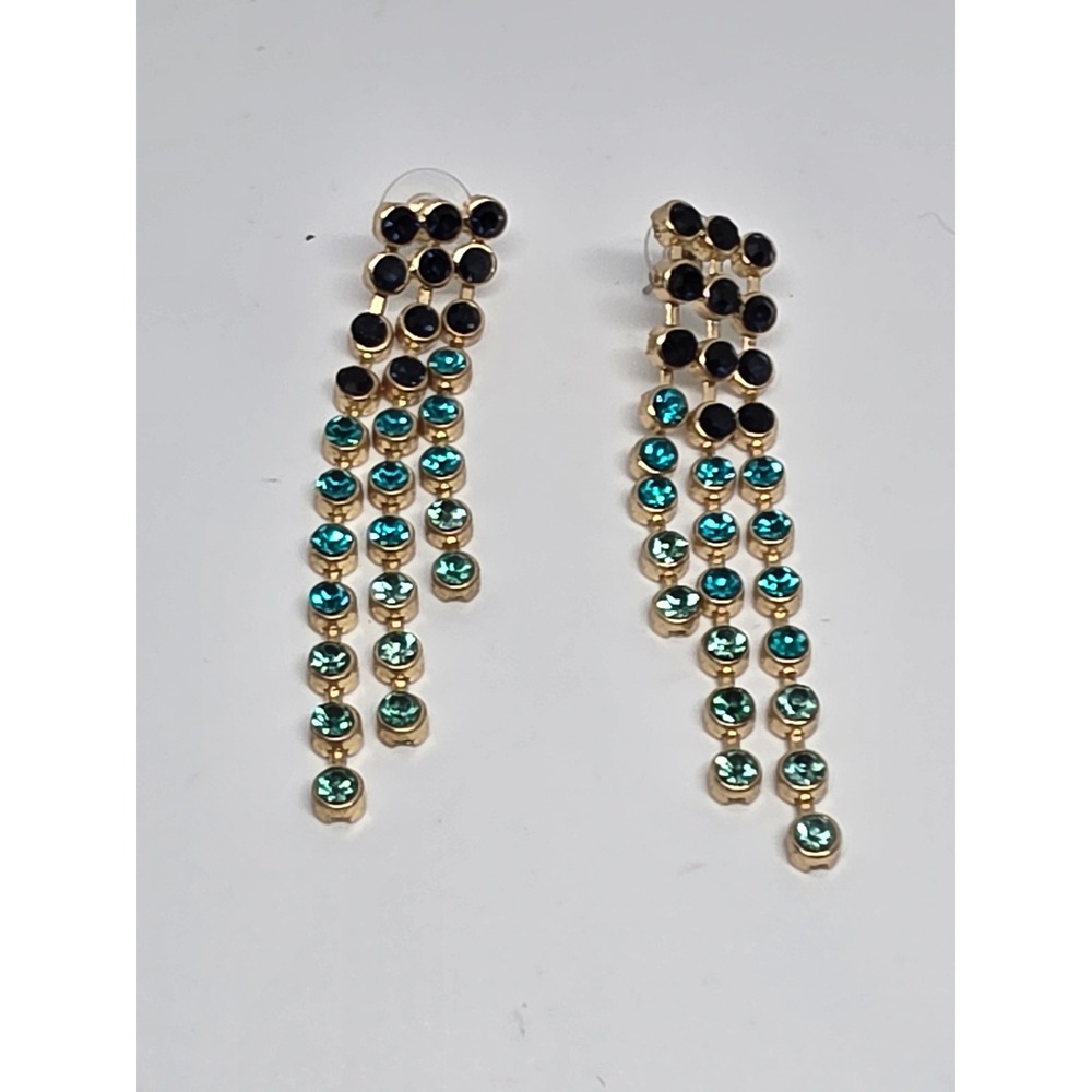 Rhinestone Dangle Earrings Black Teal Green Gold Tone Party Statement